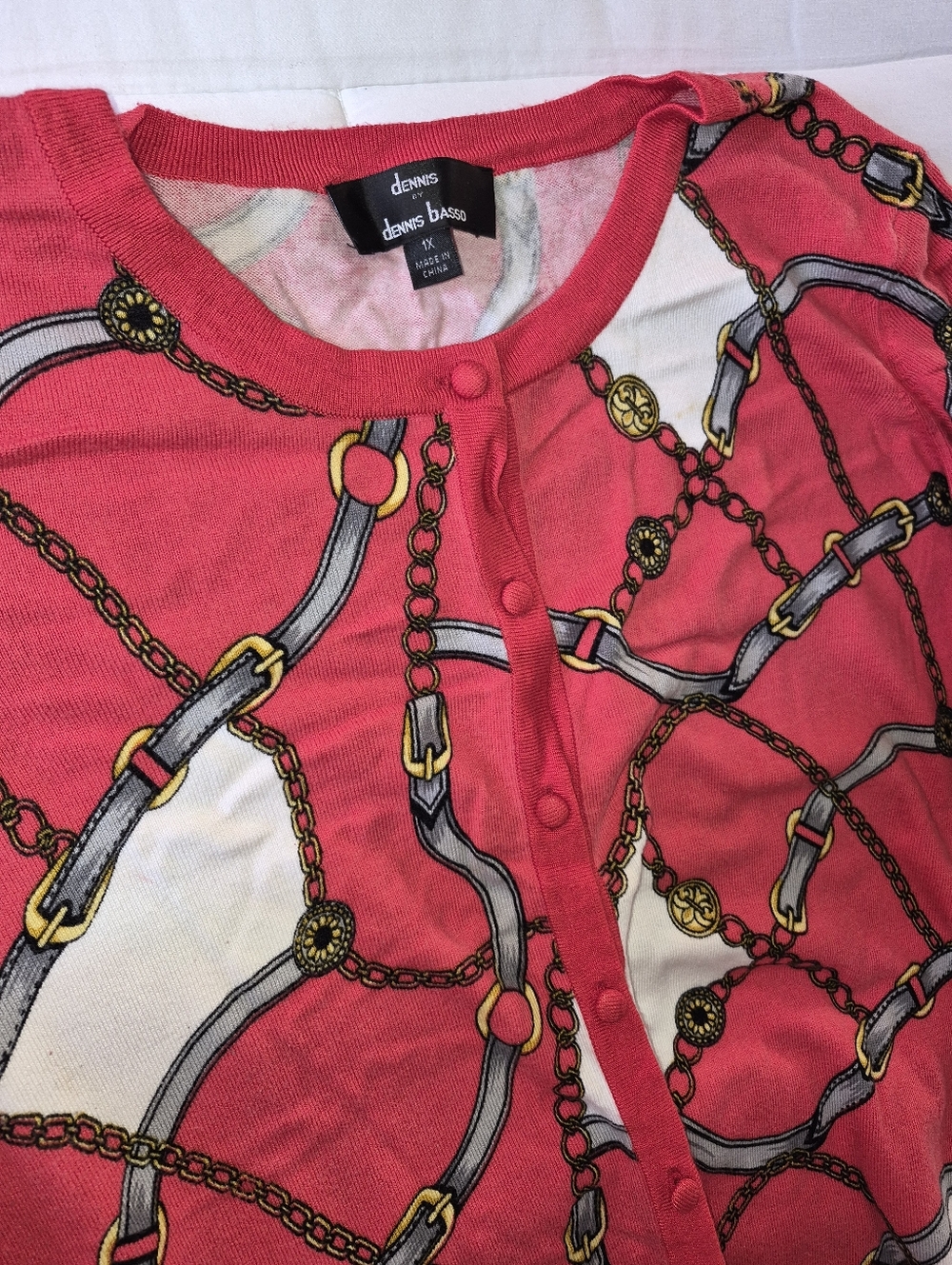 dennis basso Coral Pink Chain & Buckle Print Cardigan